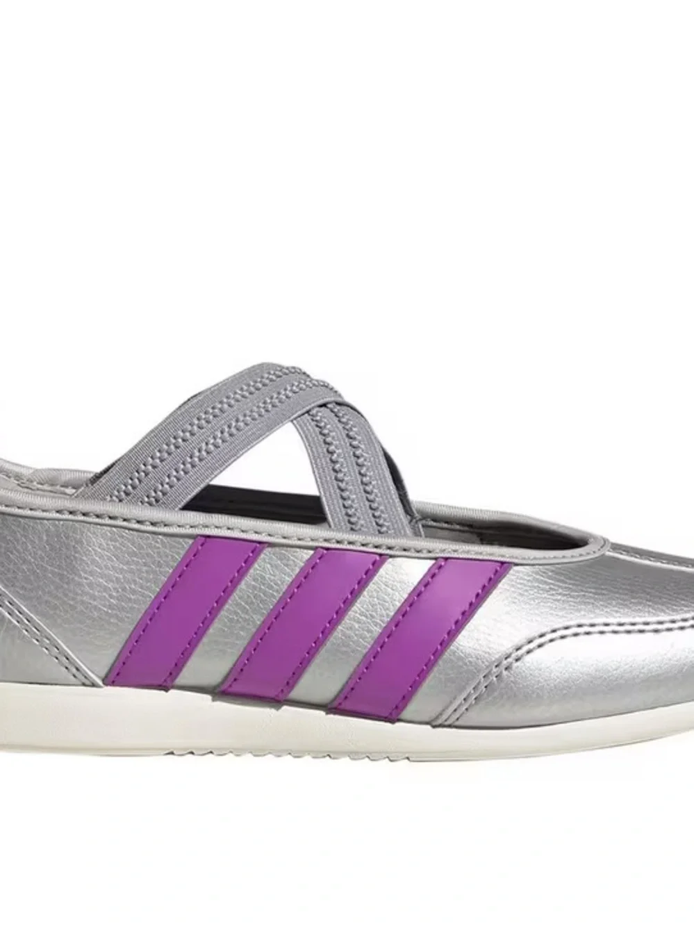 adidas Girls Silver Mary Jane Sneakers with Purple Stripes